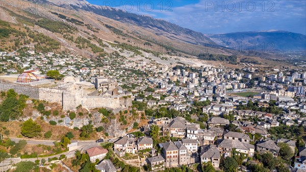 Aerial view of the old castle and fortress in the city of Gjirokaster or Gjirokastra