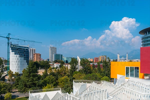 Panoramic view of the city from the Pyramid of Tirana near Skanderbeg Square in Tirana. Albania