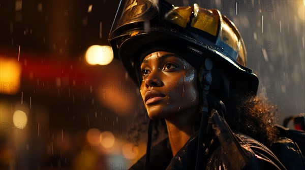 Female african american firefighter wearing protective helmet and gear at a fire incident