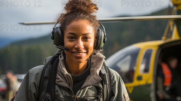 Female african american search and rescue helicopter pilot standing near her aircraft