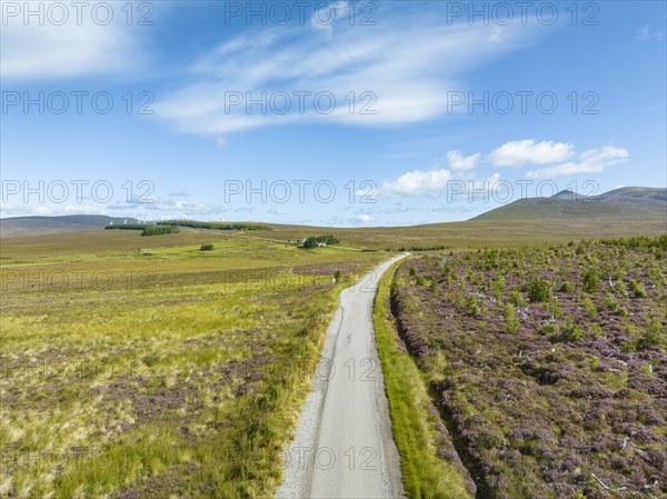 Aerial view of the A836 single track road between Lairg and Altnaharra