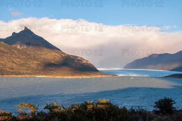 Early morning view over Lake Argentino to the Perito Moreno Glacier in Los Glaciares National Park