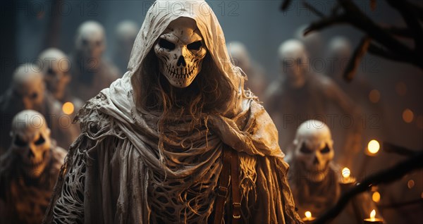 Terrifying gathering of skeleton beings haunting the foggy halloween night