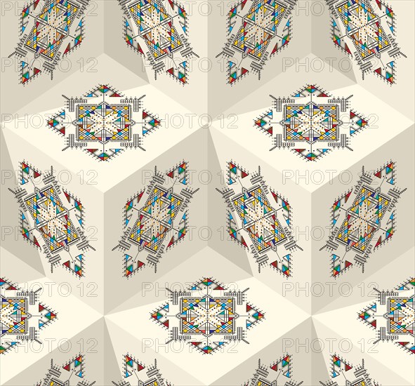 Decorative geometric repeating pattern inspired by Al-Qatt Al-Asiri traditional paintings