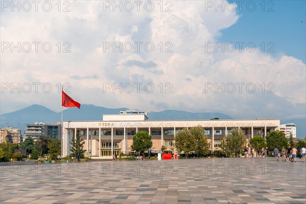 The entrance to the Palace of Culture or Opera on Skanderbeg Square in Tirana. Albania