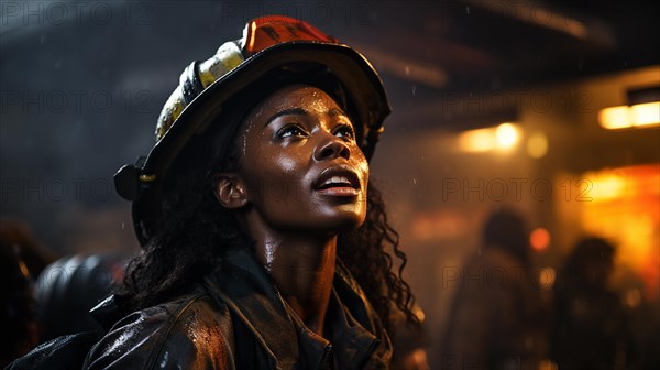 Female african american firefighter wearing protective helmet and gear at a fire incident