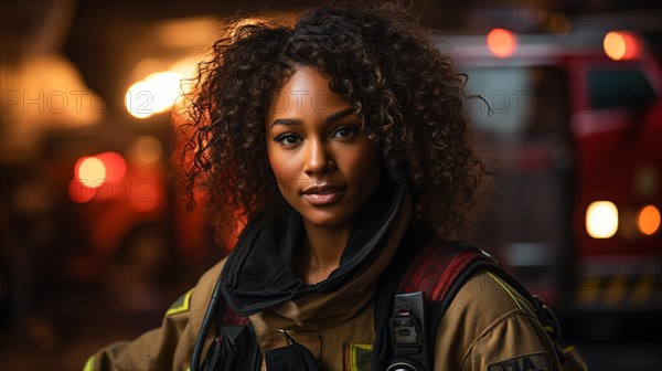 Female african american firefighter at a fire incident