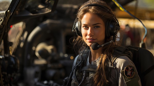 Female military helicopter pilot standing near her aircraft