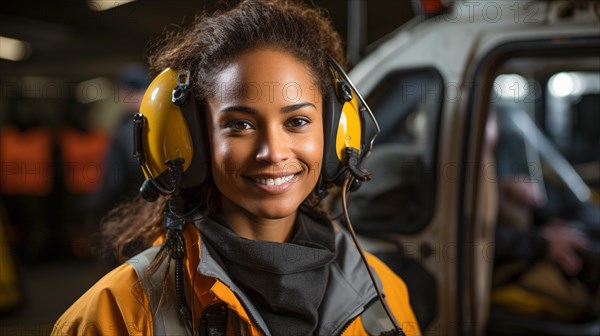 Female african american search and rescue helicopter pilot standing near her aircraft