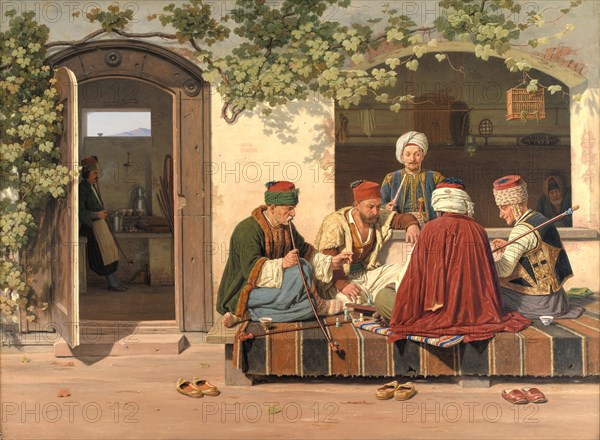 Orientals playing a game of chess in front of a Turkish coffee house and barber shop