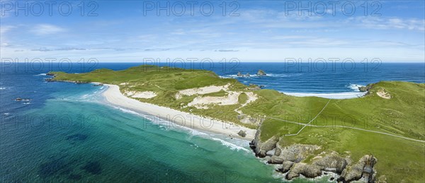 Aerial panorama of Faraid Head peninsula with dunes and sandy beach