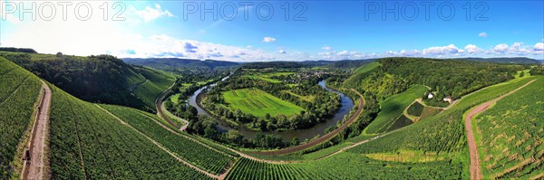 Wiltinger Saarbogen. The river winds through the valley and is surrounded by vineyards and green forests. Kanzem