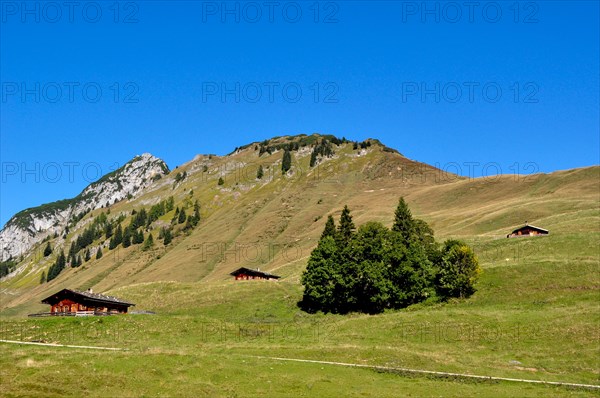 The rustic alpine huts on the Kallbrunnalm in the Berchtesgaden Alps