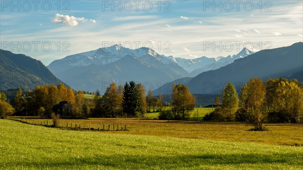 Moorland landscape in autumn near Saalfelden with Hoher Tenn and Kitzsteinhorn in the Hohe Tauern. Pinzgau