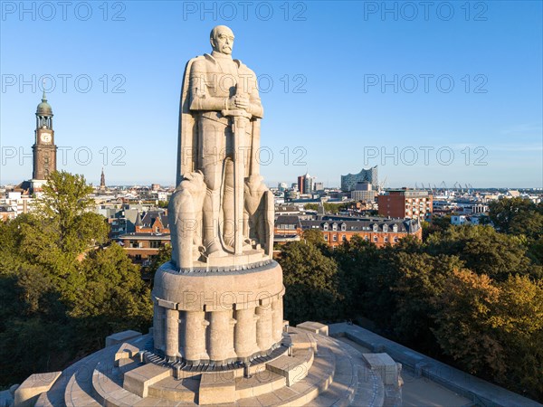 Aerial view of the Bismarck Monument with the main church St. Michaelis