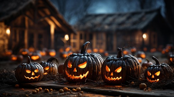 Spooky and fun collection of dozens of halloween carved pumpkins outside on hallows eve