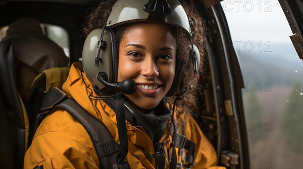 Female african american search and rescue helicopter pilot flying in the cockpit