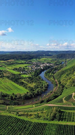 Wiltinger Saarbogen. The river winds through the valley and is surrounded by vineyards and green forests. Kanzem