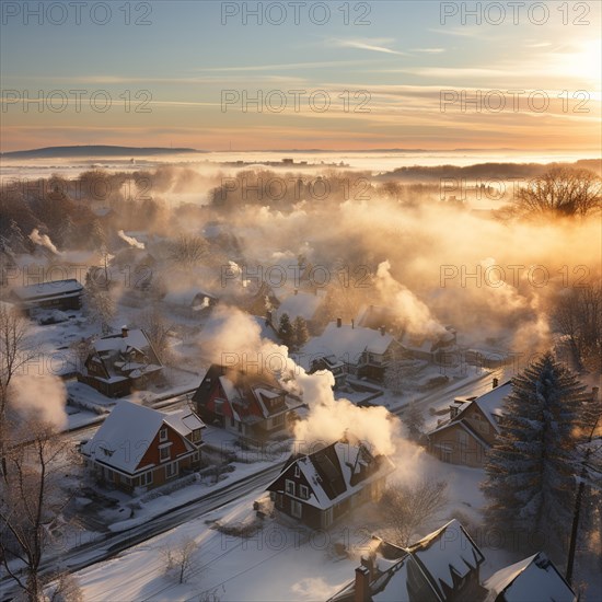 Aerial view of small settlement in winter with smoking chimneys