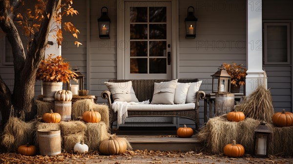 Fall and autumn beautifully decorated house porches with pumpkins