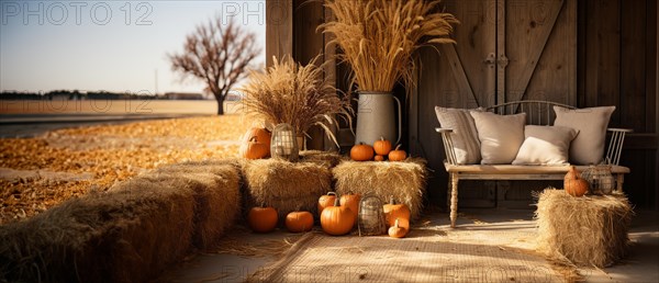 Fall and autumn beautifully decorated barn sitting area with pumpkins