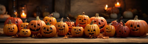 Spooky and fun collection of dozens of halloween carved pumpkins outside on hallows eve