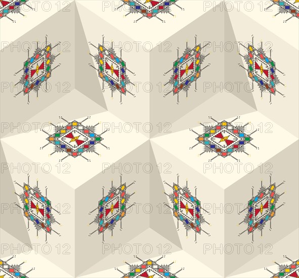 Decorative geometric repeating pattern inspired by Al-Qatt Al-Asiri traditional paintings