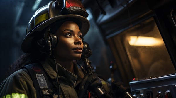 Female african american firefighter wearing protective helmet and gear at a fire incident