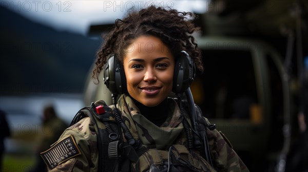 Female african american military helicopter pilot standing near her aircraft