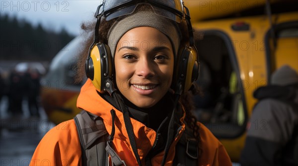 Female african american search and rescue helicopter pilot standing near her aircraft