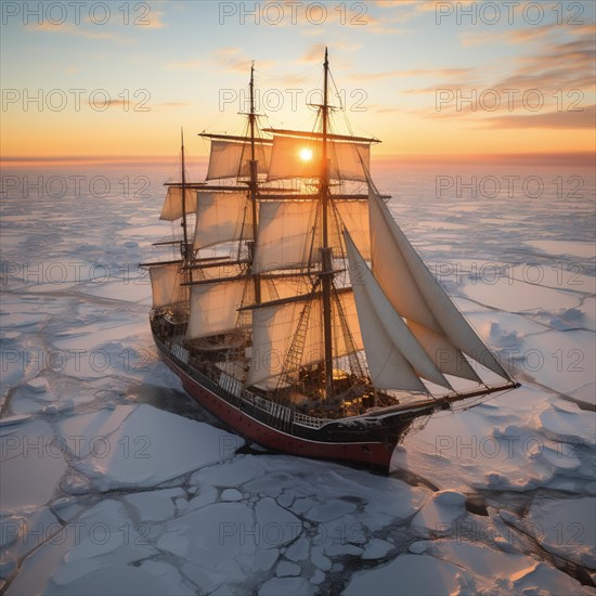 Aerial view modern multi-masted cruise sailing ship