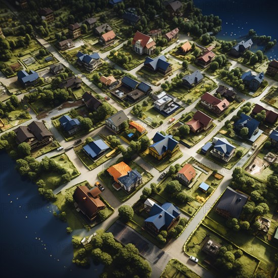 Aerial view of small settlement with terraced houses