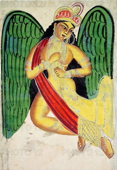 Winged apsara with a horn