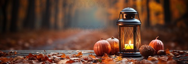 Warm and inviting lit vintage lantern resting on wood planks base outdoors in a fall setting