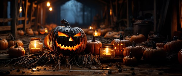 Spooky and fun collection of dozens of halloween carved pumpkins outside on hallows eve