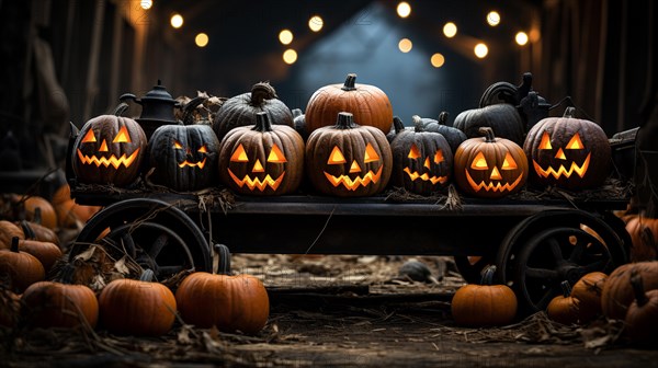 Spooky and fun collection of dozens of halloween carved pumpkins outside on hallows eve