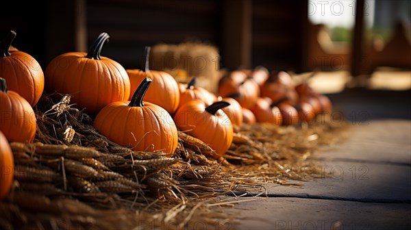 Dozens of orange fall and halloween pumpkins and hay decorating the country barn scene