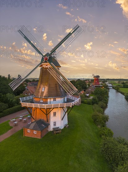 Aerial view of the twin mills at the Old Greetsiel Low Seal