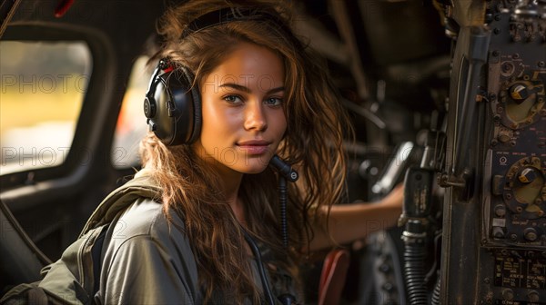 Female military helicopter pilot in the cockpit