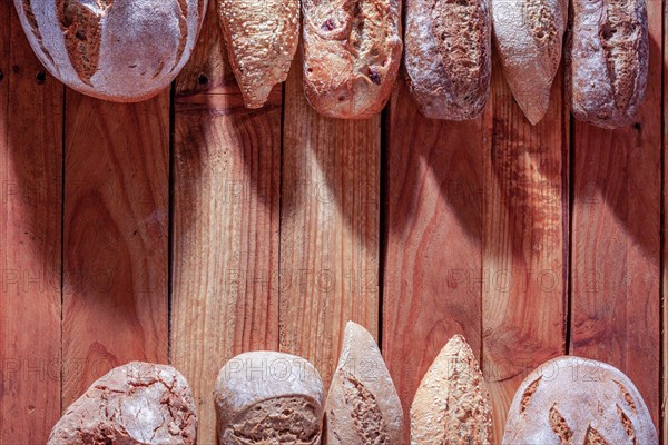 Different types of loaves and loaves of rustic artisan bread in a row on a wooden table with a copy space in the center