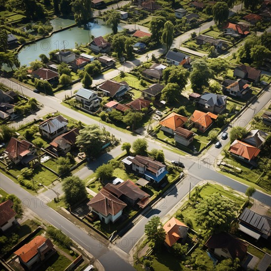 Aerial view of small settlement with terraced houses