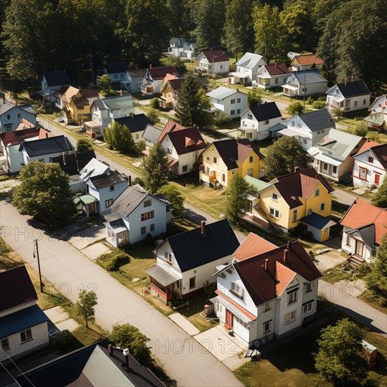 Aerial view of small settlement with terraced houses