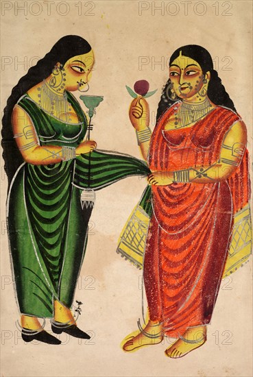 Maid bringing a hookah to a lady