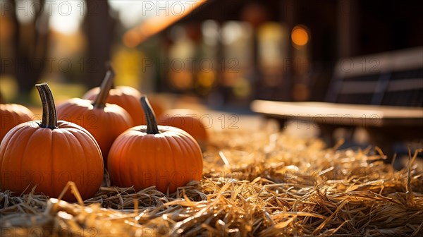 Dozens of orange fall and halloween pumpkins and hay decorating the country barn scene