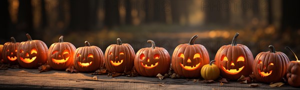 Spooky and fun collection of dozens of halloween carved pumpkins outside on hallows eve