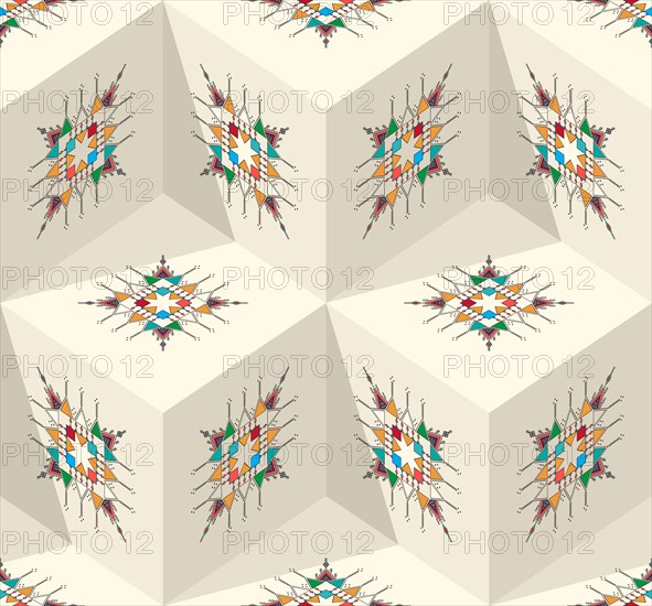 Decorative geometric repeating pattern inspired by Al-Qatt Al-Asiri traditional paintings