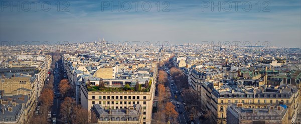 Aerial Paris cityscape panorama with view to Sacre Coeur Basilica of the Sacred Heart