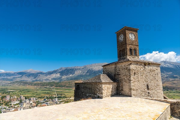 The clock tower in the Ottoman castle fortress of Gjirokaster or Gjirokastra. Albanian