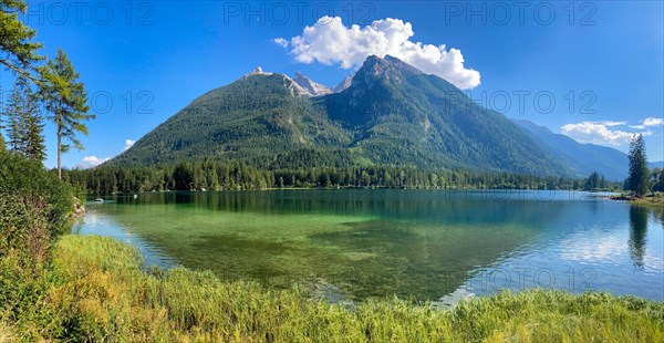 Panorama of Hintersee with the peaks Schaertenspitze and Hochkalter in Berchtesgaden National Park