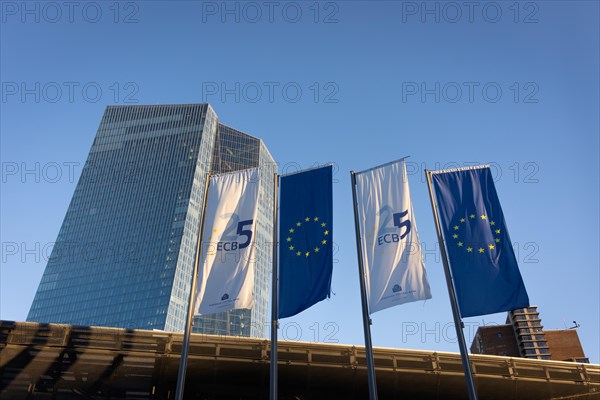 Two flags with the inscription 25 ECB fly in front of the European Central Bank's